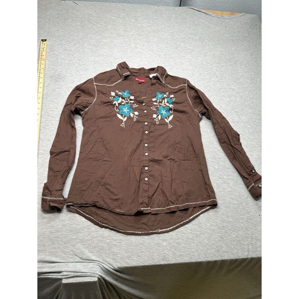 Panhandle Slim Women's Brown/Teal Embroidered Floral Shirt Size XL
